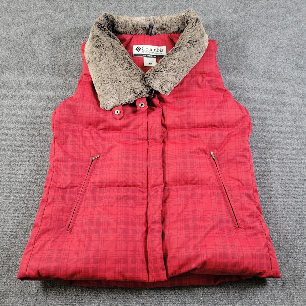 Columbia Vest Womens Large‎ Red Plaid Faux Fur Collar Down Puffer Winter Jacket